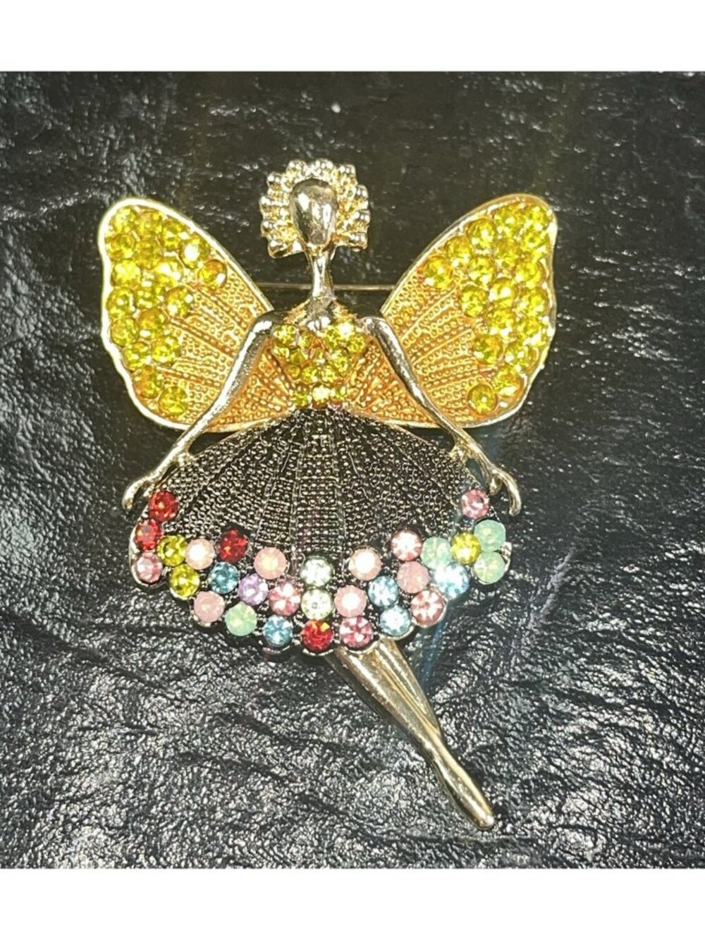 Ballerina Fairy Dancer Brooch Pin Jewelry Gold Tone Colorful Rhinestone New